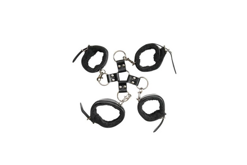 Adam & Eve Hog Tie Kit with four black faux-fur lined cuffs connected by a central ring