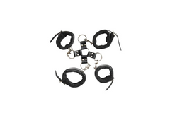 Adam & Eve Hog Tie Kit with four black faux-fur lined cuffs connected by a central ring