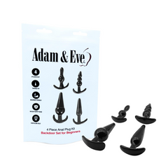 Adam & Eve kit bag beside four black plugs laid flat, showing size variation clearly