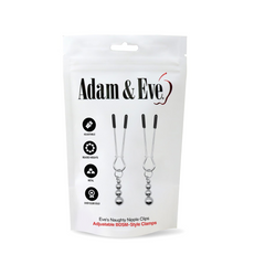 Adam & Eve nipple clips in resealable white pouch showing adjustable and metal features