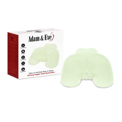 Adam & Eve Peek-A-Booty glowing masturbator displayed beside its retail packaging box