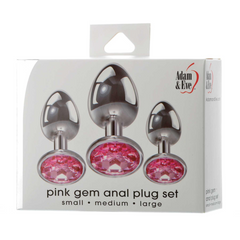 Adam & Eve Pink Gem Anal Plug Set retail box showing all three sizes: small, medium, and large