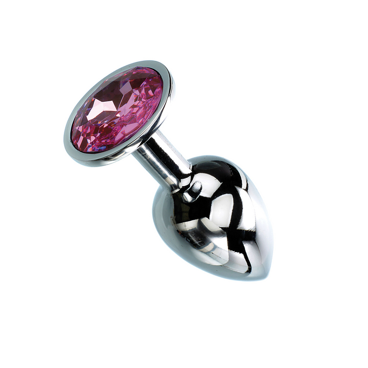 Adam & Eve Pink Gem Anal Plug Small in polished stainless steel with a faceted pink jewel base