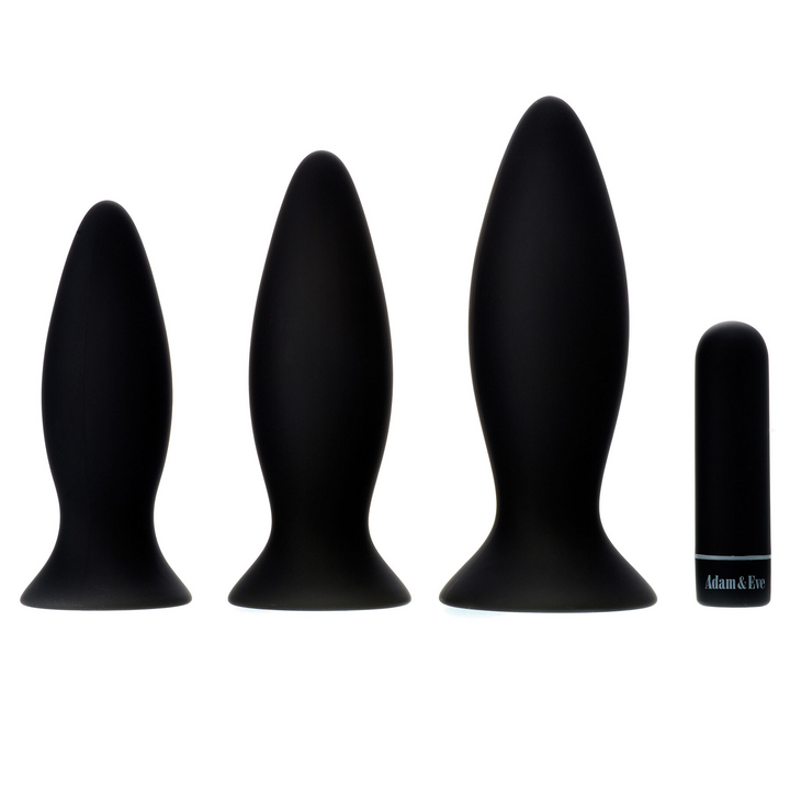 Adam & Eve Rechargeable Vibrating Anal Trainer Kit with three black silicone plugs and bullet vibrator