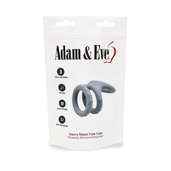 Adam & Eve Adam's Ribbed Triple Cage in resealable bag packaging listing triple-loop and silicone features