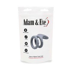 Adam & Eve Adam's Ribbed Triple Cage in resealable bag packaging listing triple-loop and silicone features