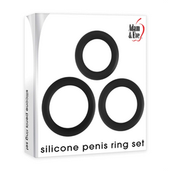 Adam & Eve Silicone Penis Ring Set retail box with three ring graphic and product name