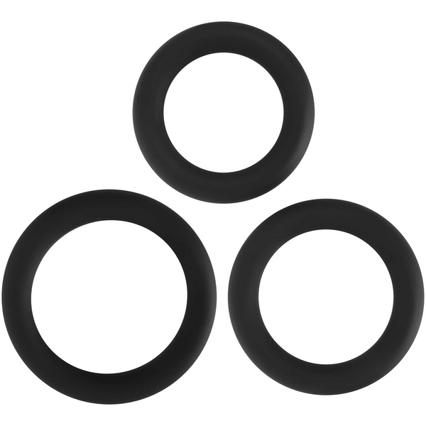 Adam & Eve Silicone Penis Ring Set, three black rings arranged in triangle, matte finish