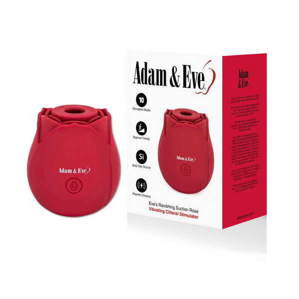 Adam & Eve Suction Rose device beside its retail packaging on a white background