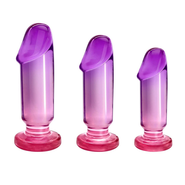 Adam & Eve Sunset Dreams Anal Training Kit, three graduated purple-to-pink jelly plugs with suction bases