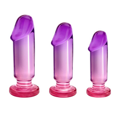 Adam & Eve Sunset Dreams Anal Training Kit, three graduated purple-to-pink jelly plugs with suction bases