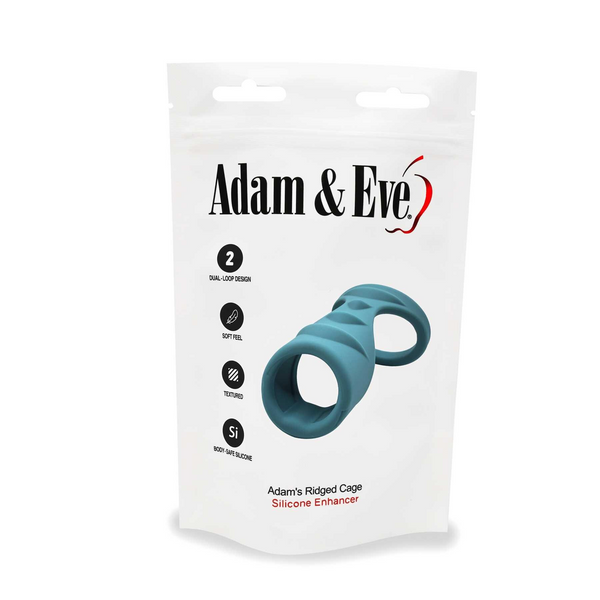 Adam's Ridged Cage in resealable bag packaging listing dual-loop design and body-safe silicone