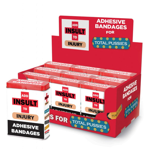 Add Insult to Injury bandage tins displayed in red retail counter box, showing packaging labels