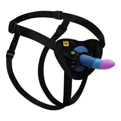 Adjustable black nylon harness with ROMP Piccolo blue and purple silicone dildo attached