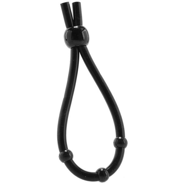 Adjustable black silicone lasso loop with sliding bead and three accent beads shown from front angle