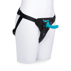 Adjustable black strap-on harness with teal dildo inserted, shown on mannequin torso