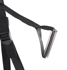 Adjustable buckle and metal stirrup handle detail on black door jam sex sling strap