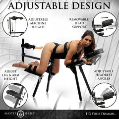 Adjustable design callouts showing removable head support, leg arm height, and headrest angle features