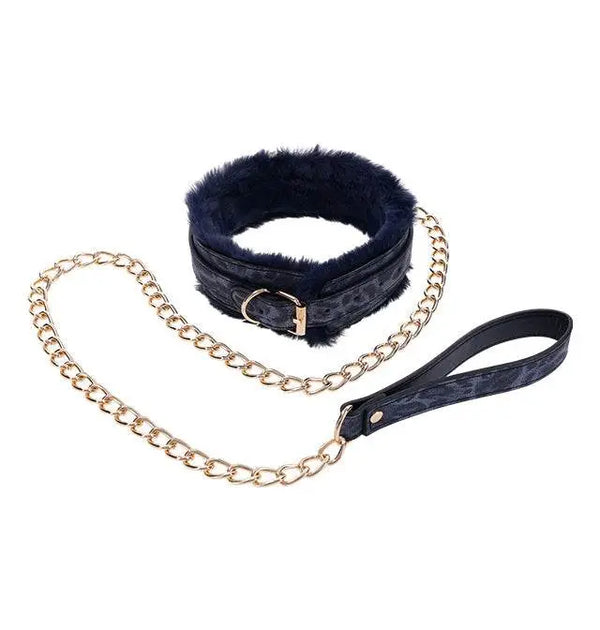 Adjustable navy fur collar with embossed leash handle and gold link chain