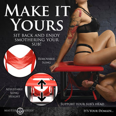 Close-up of adjustable sling height feature and removable red sling on queening chair