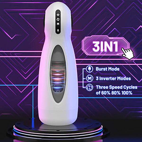 Adore U Höm Automatic Stroker in white with 3-in-1 modes display and illuminated oval window