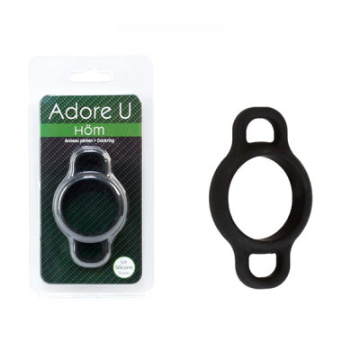 Adore U Höm black silicone cock ring with dual loops, shown beside retail packaging