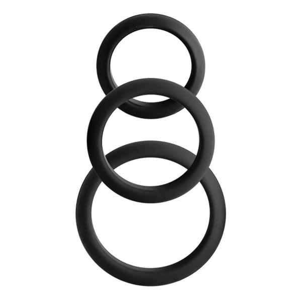 Adore U Höm black silicone cockring set, three graduated sizes stacked together