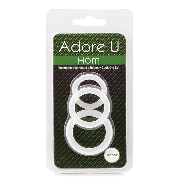 Adore U Höm clear silicone cockring set of three, shown in retail blister packaging