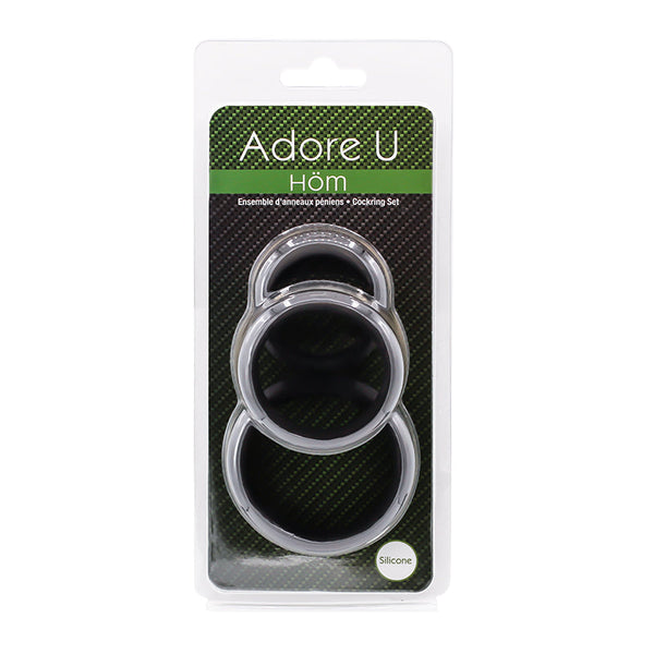 Adore U Höm cockring set in blister packaging showing three black silicone rings