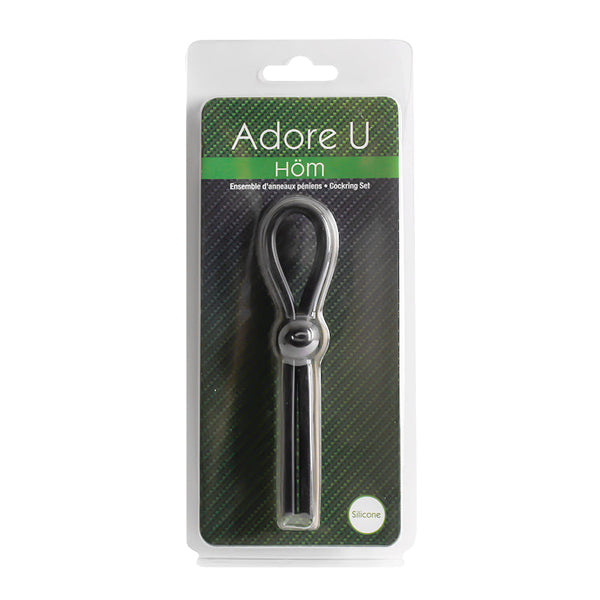 Adore U Höm cockring set in retail blister packaging showing lasso design detail