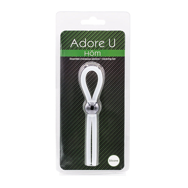 Adore U Höm cockring set in retail blister packaging, silicone lasso style