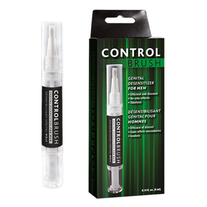 Adore U Höm Control Brush pen-style genital desensitizer beside its dark green retail box