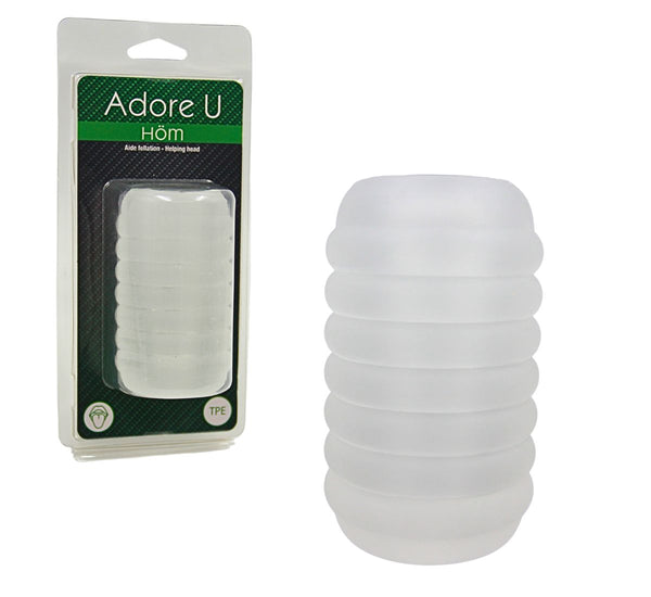 Adore U Höm Helping Head mini masturbator in clear TPE beside its blister packaging