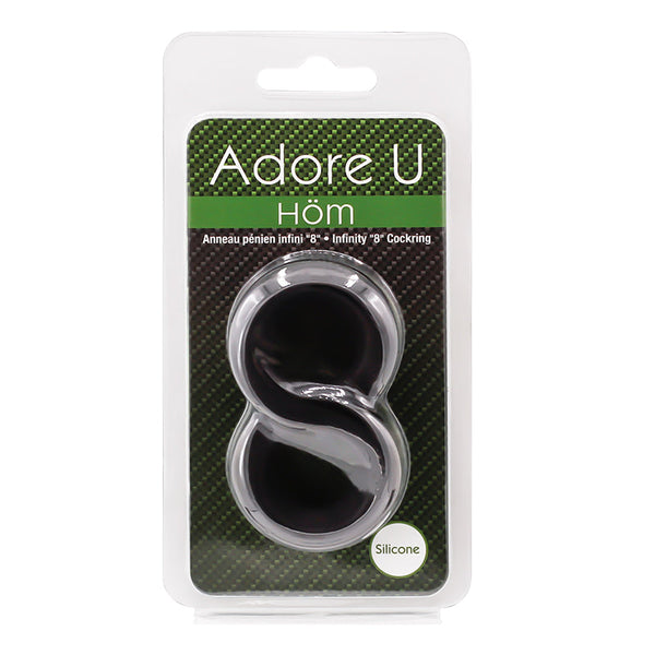 Adore U Höm Infinity 8 Cockring in black silicone shown in retail blister packaging