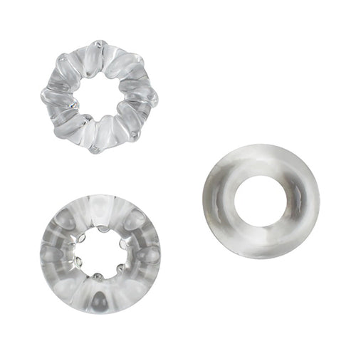 Adore U Höm Medium Cockring Set in clear TPR, three textured ring styles displayed