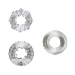 Adore U Höm Medium Cockring Set in clear TPR, three textured ring styles displayed