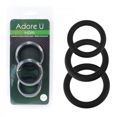 Adore U Höm medium silicone cockring set, three graduated black rings displayed beside packaging