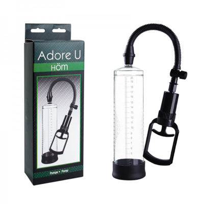 Adore U Höm Pump with clear cylinder, black trigger handle, and flexible hose beside its box