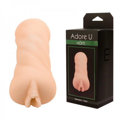 Adore U Höm stroker masturbator in soft skin-tone silicone shown beside retail box