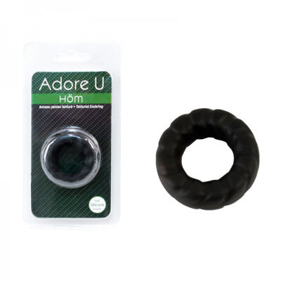 Adore U Höm textured cockring in black silicone, shown in packaging and alone