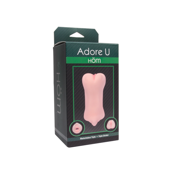 Adore U Höm Triple Stroker in closed retail packaging with dual-opening product icons
