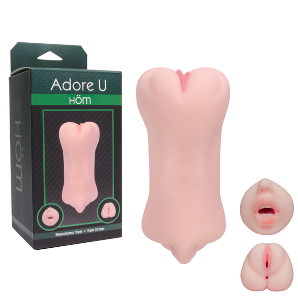 Adore U Höm Triple Stroker in light skin tone beside its dark green retail box