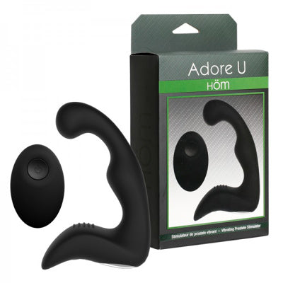 Adore U Höm vibrating prostate stimulator in black silicone shown with wireless remote and box