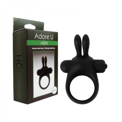 Adore U Höm Vibrating Rabbit Ring in black silicone shown beside its box