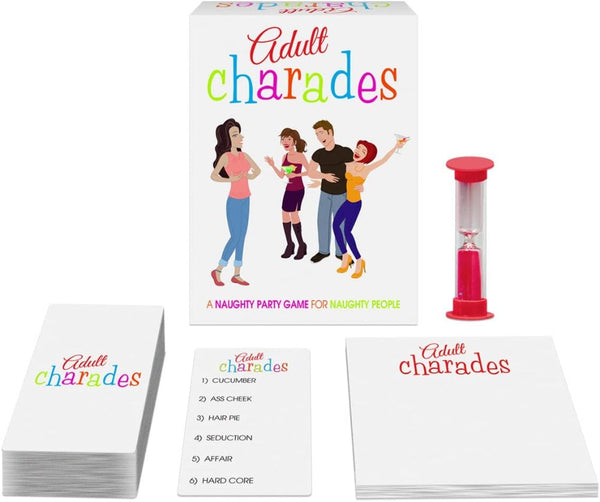 Adult Charades game contents spread out showing card decks and a red sand timer for timed rounds