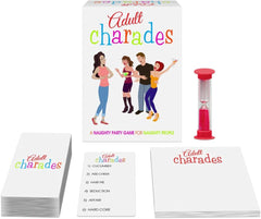 Adult Charades game contents spread out showing card decks and a red sand timer for timed rounds