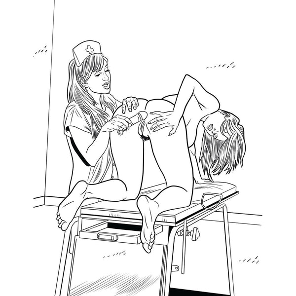 Adult coloring book page depicting two figures in a clinical setting, bold linework ready to color