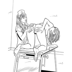 Adult coloring book page depicting two figures in a clinical setting, bold linework ready to color