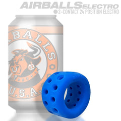 Airballs Electro edition blue silicone ball stretcher shown beside a standard soda can