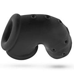 Close-up of Airlock black silicone cage showing integrated base ring and multiple vent holes